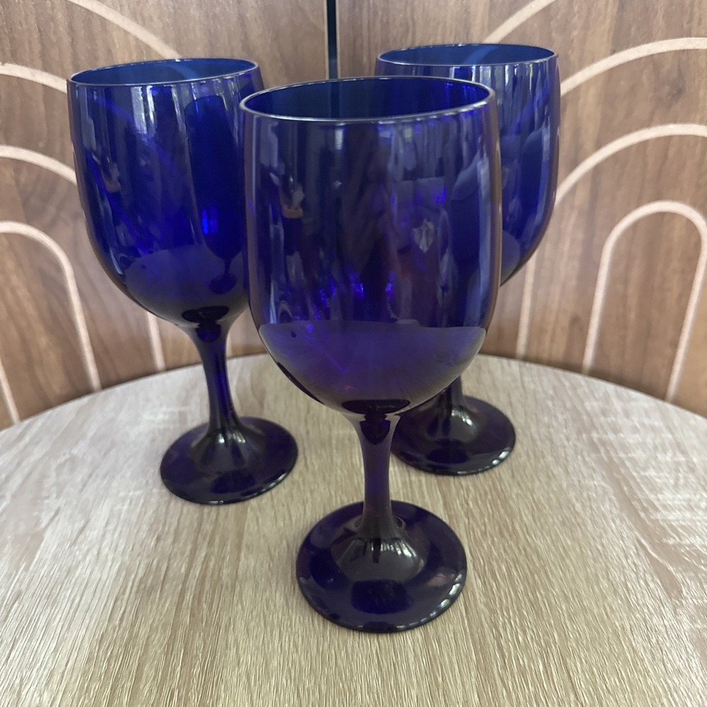 Vintage Libbey Set 3 Dark Cobalt Blue Wine Glasses Goblets 7.25 in